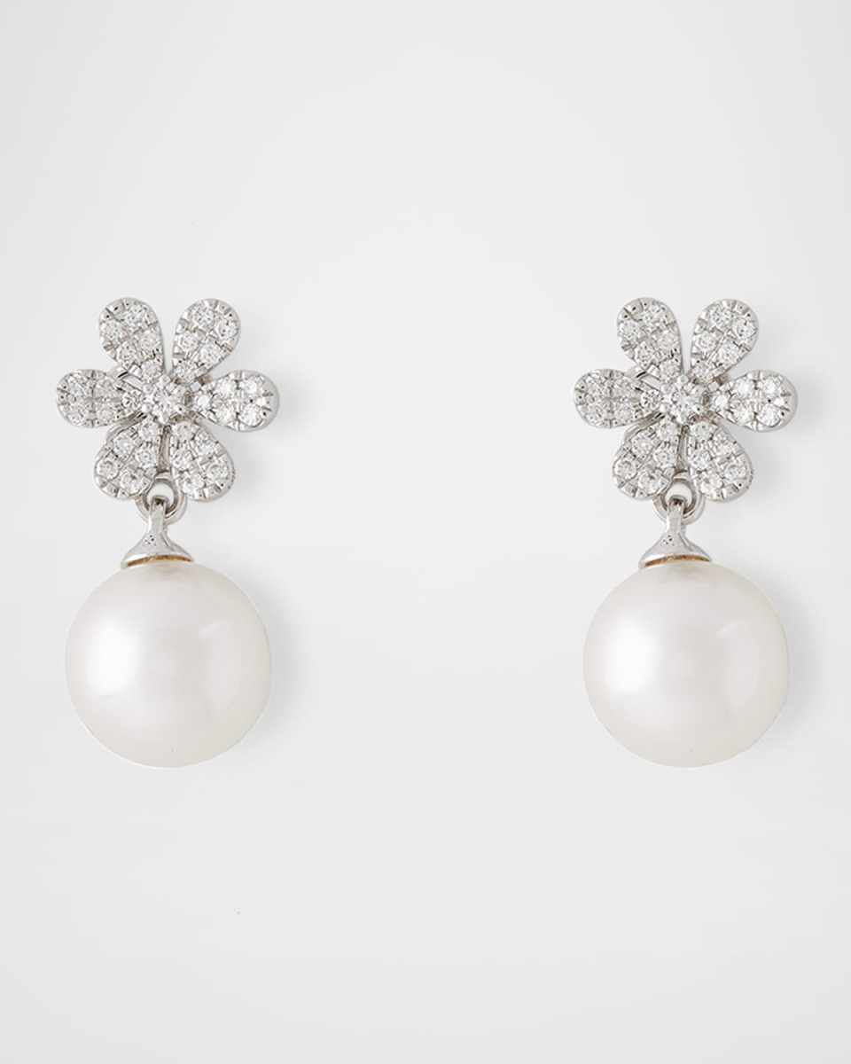 18K White Gold Diamond Flower and 8.5mm Akoya Pearl Drop Earrings